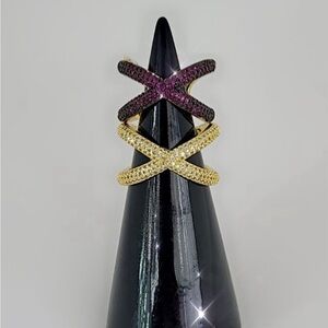 FASHION JEWELRY RING STAINLESS STEEL WOMEN GOLD /PURPLE STONES ADJUSTABLE SIZE 7